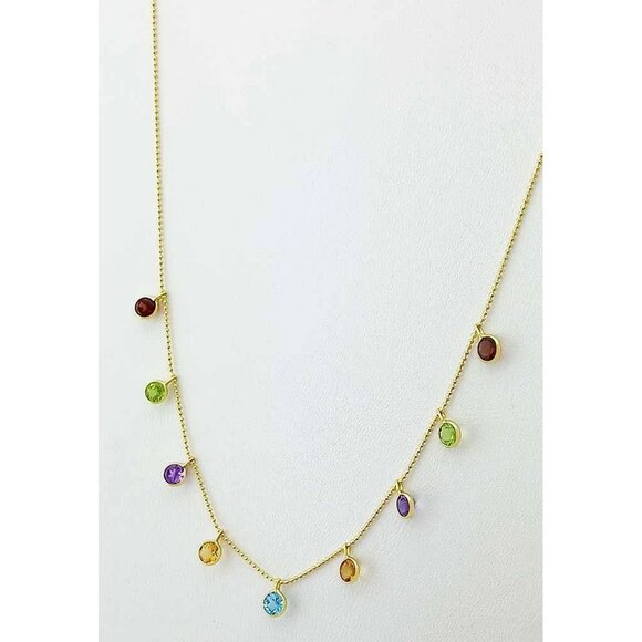 Genuine Multi-Gemstones Necklace Solid 14k Yellow Gold - Picture 4 of 6